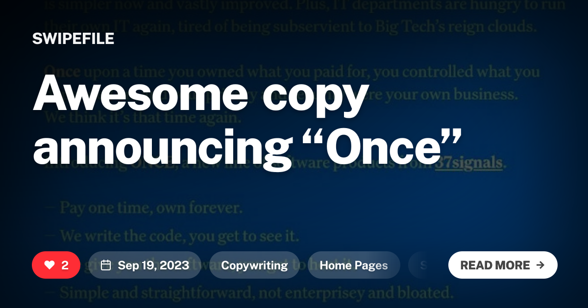 Awesome copy announcing “Once”