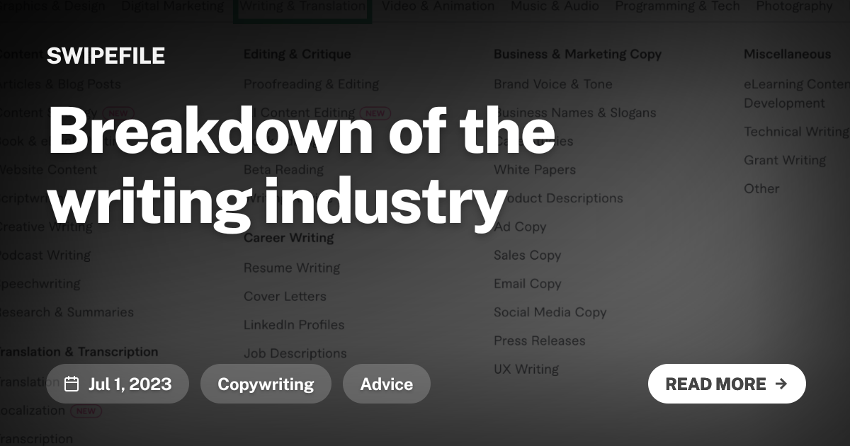Breakdown of the writing industry
