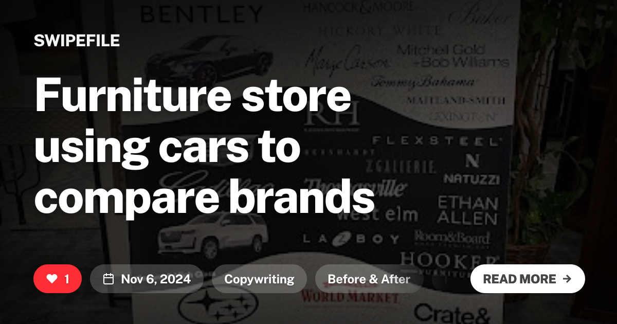 Furniture store using cars to compare brands
