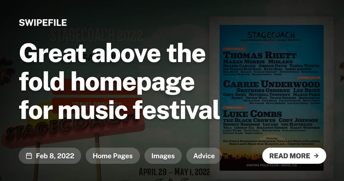 Great above the fold homepage for music festival