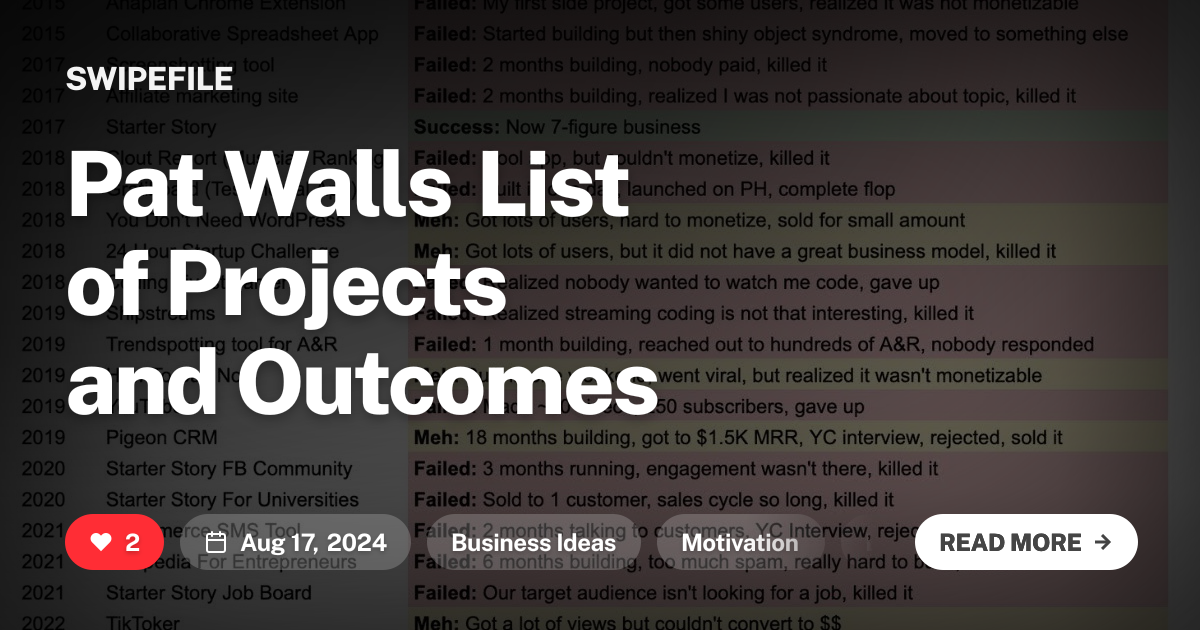 Pat Walls List of Projects and Outcomes