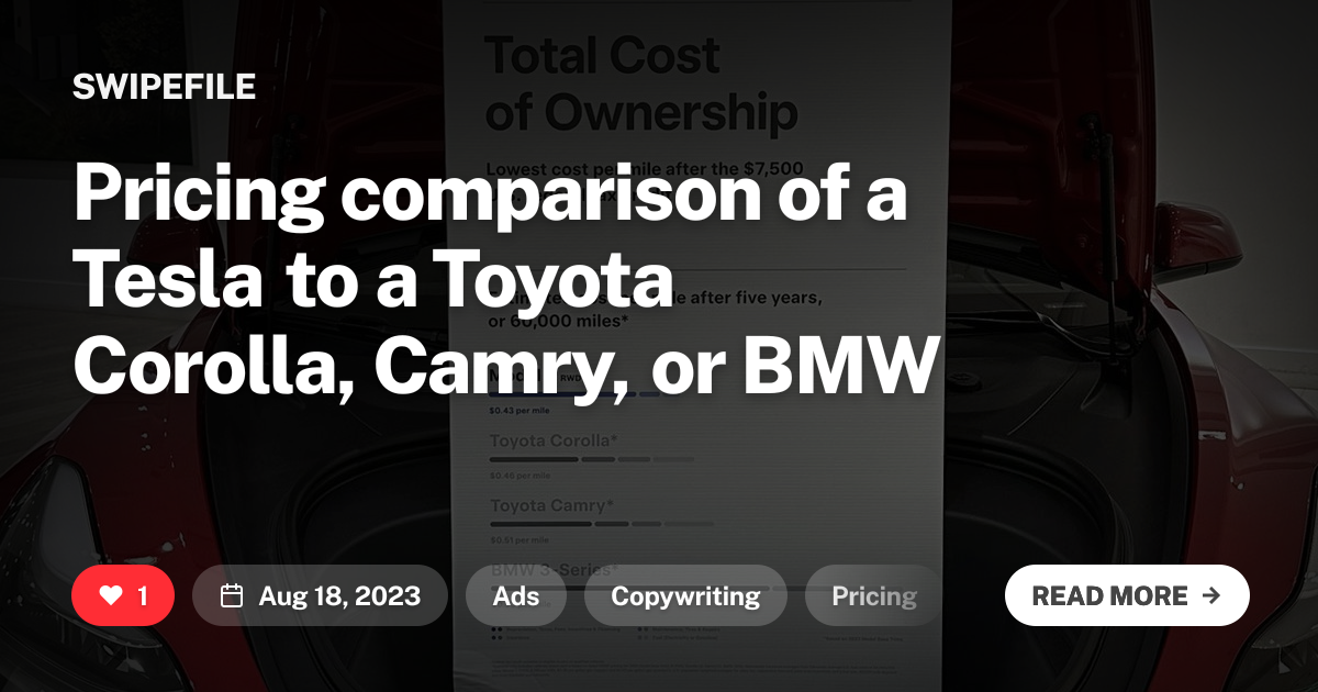 Pricing comparison of a Tesla to a Toyota Corolla, Camry, or BMW