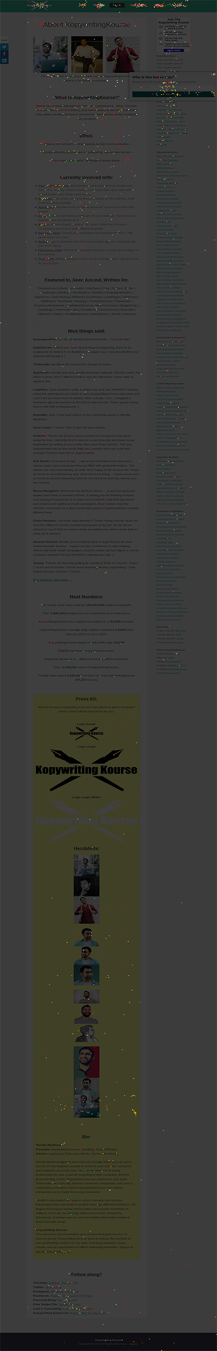 Kopywriting Kourse about page confetti
