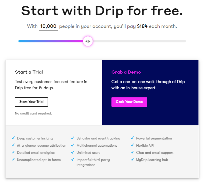 drip pricing page slider close up