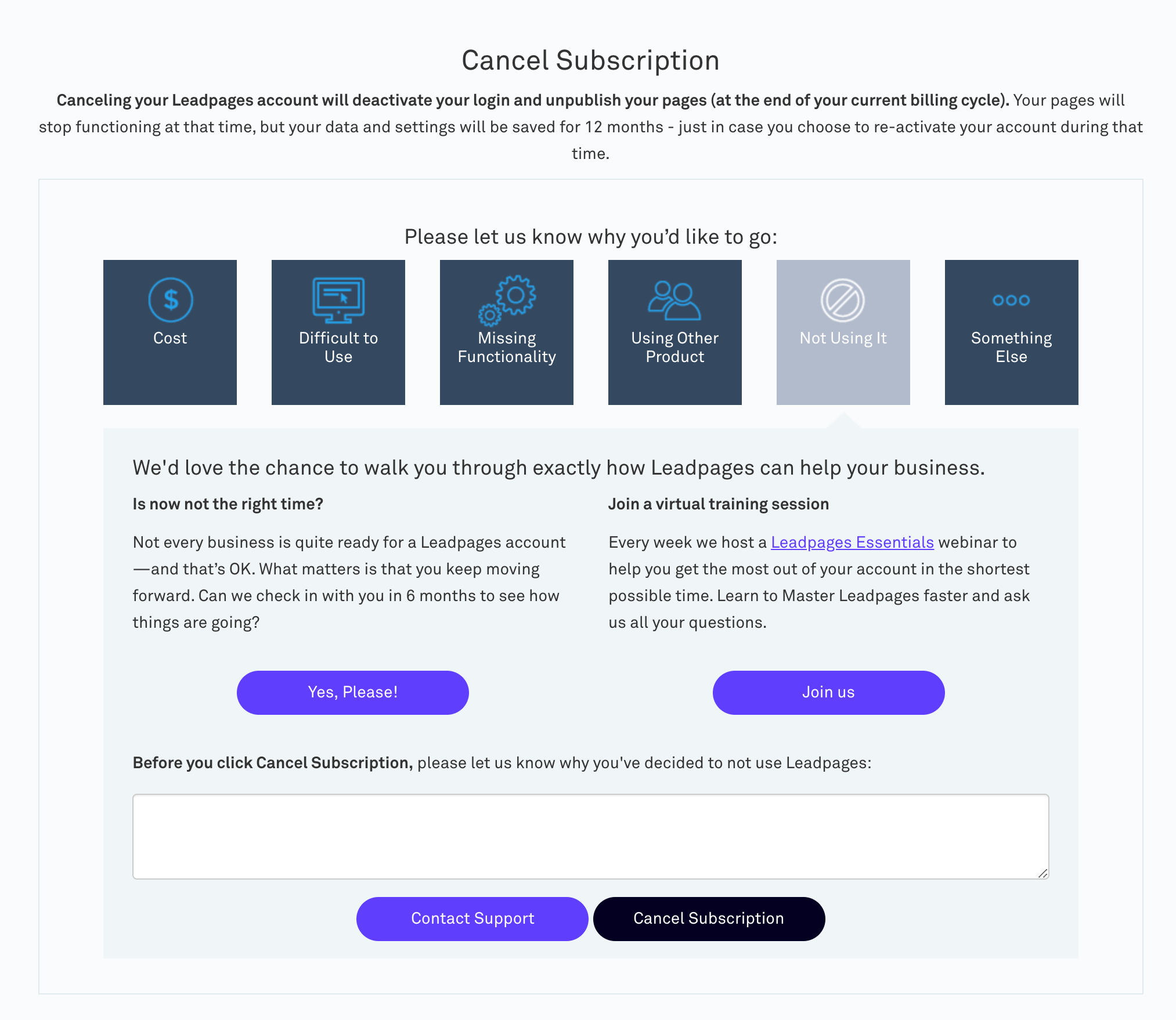 leadpages cancellation page